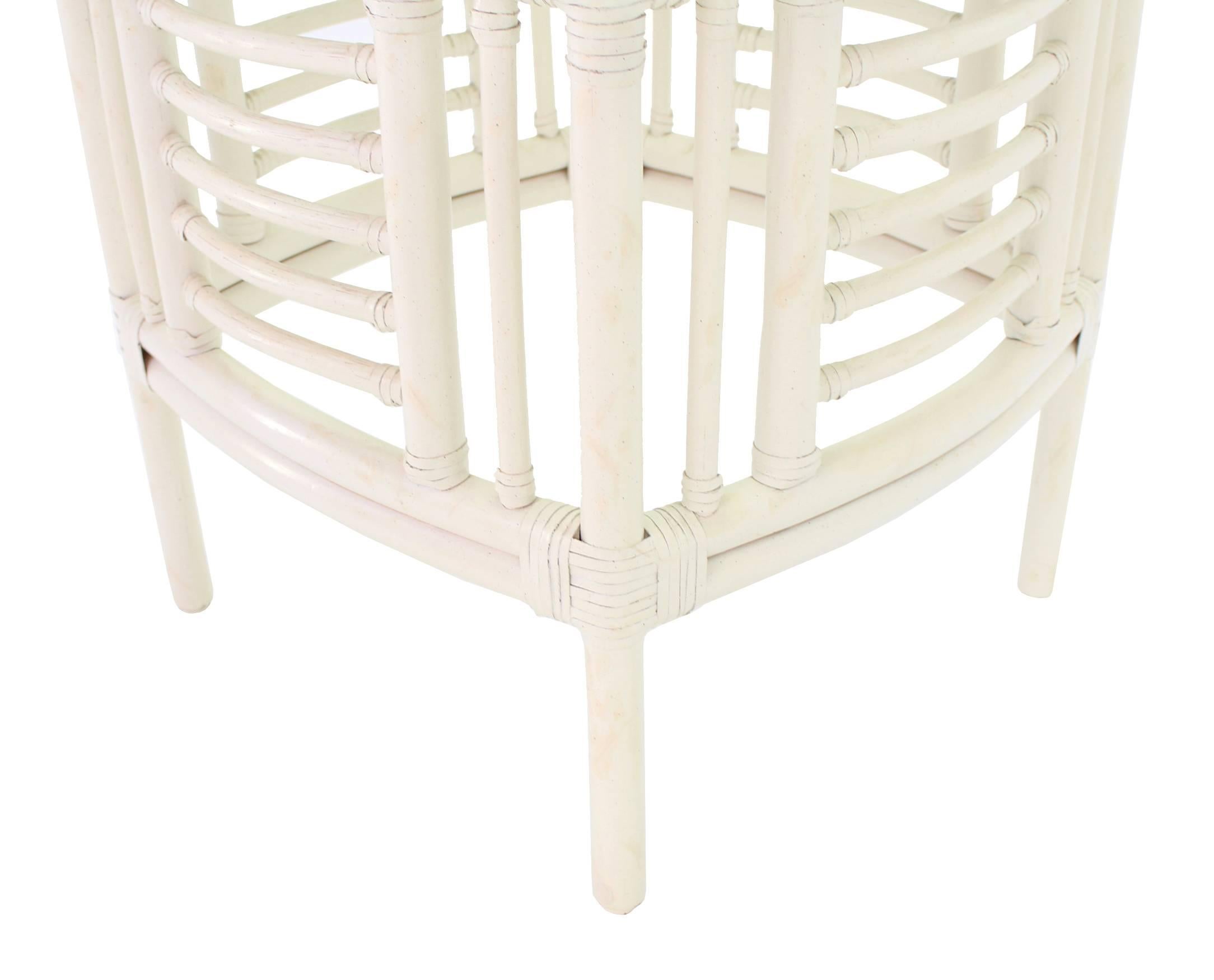 Pair of White Rattan Glass Top Mid-Century Modern Side Tables For Sale 2