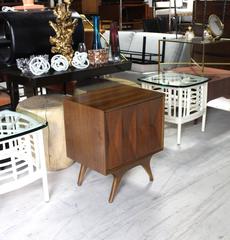 Diamond Front Walnut Mid-Century Modern End Side Table One Door Cabinet