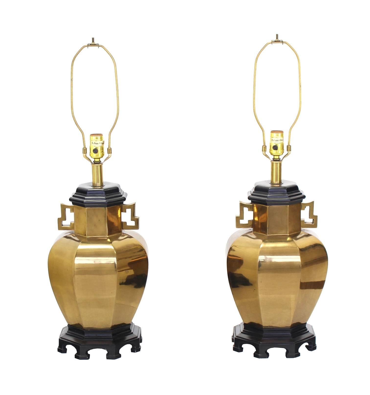 Pair of Brass Hexagon Shape Table Lamps For Sale 1