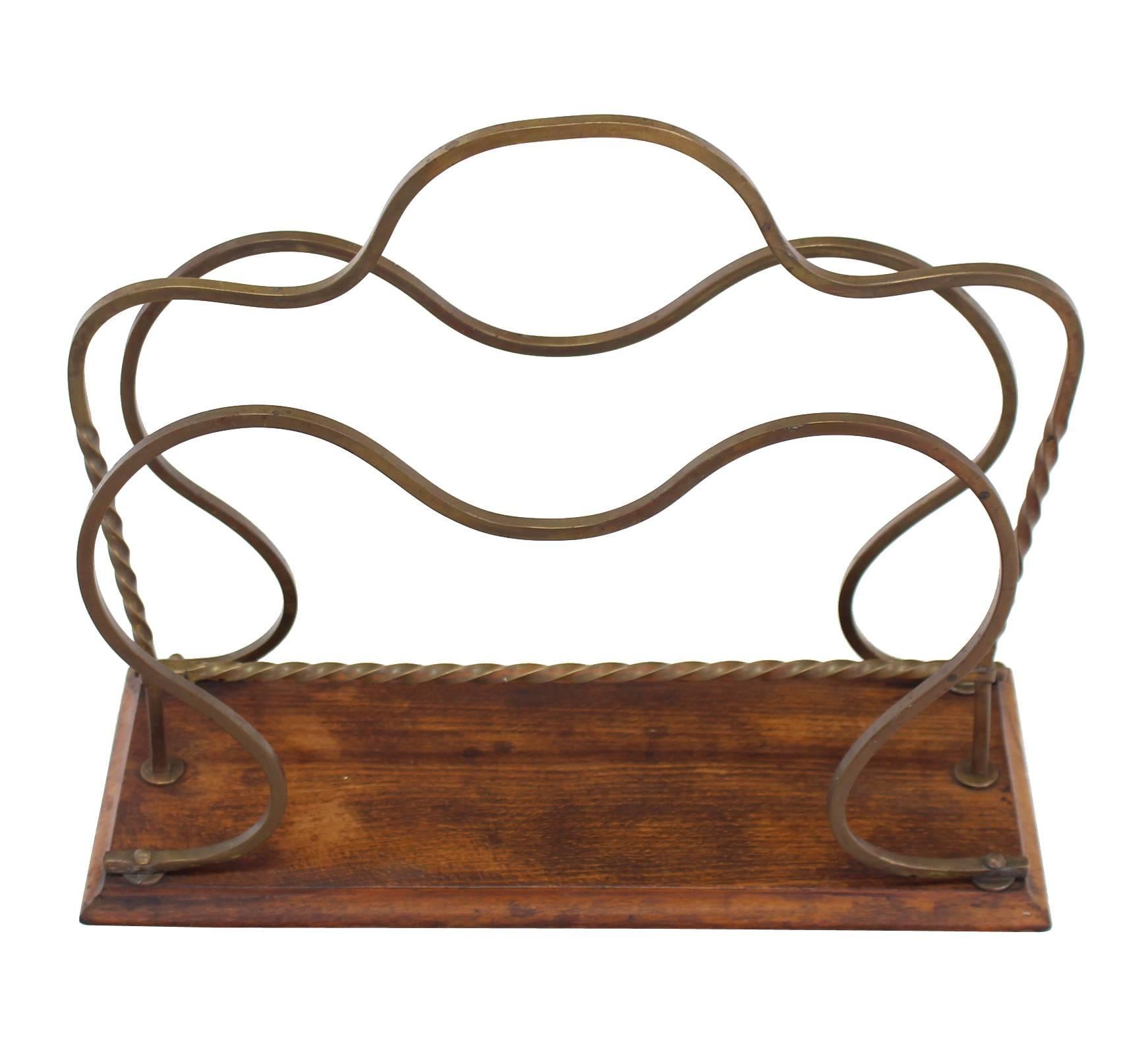 Mid-Century Modern Arts and Crafts Twisted Brass and Wood Magazine Rack For Sale