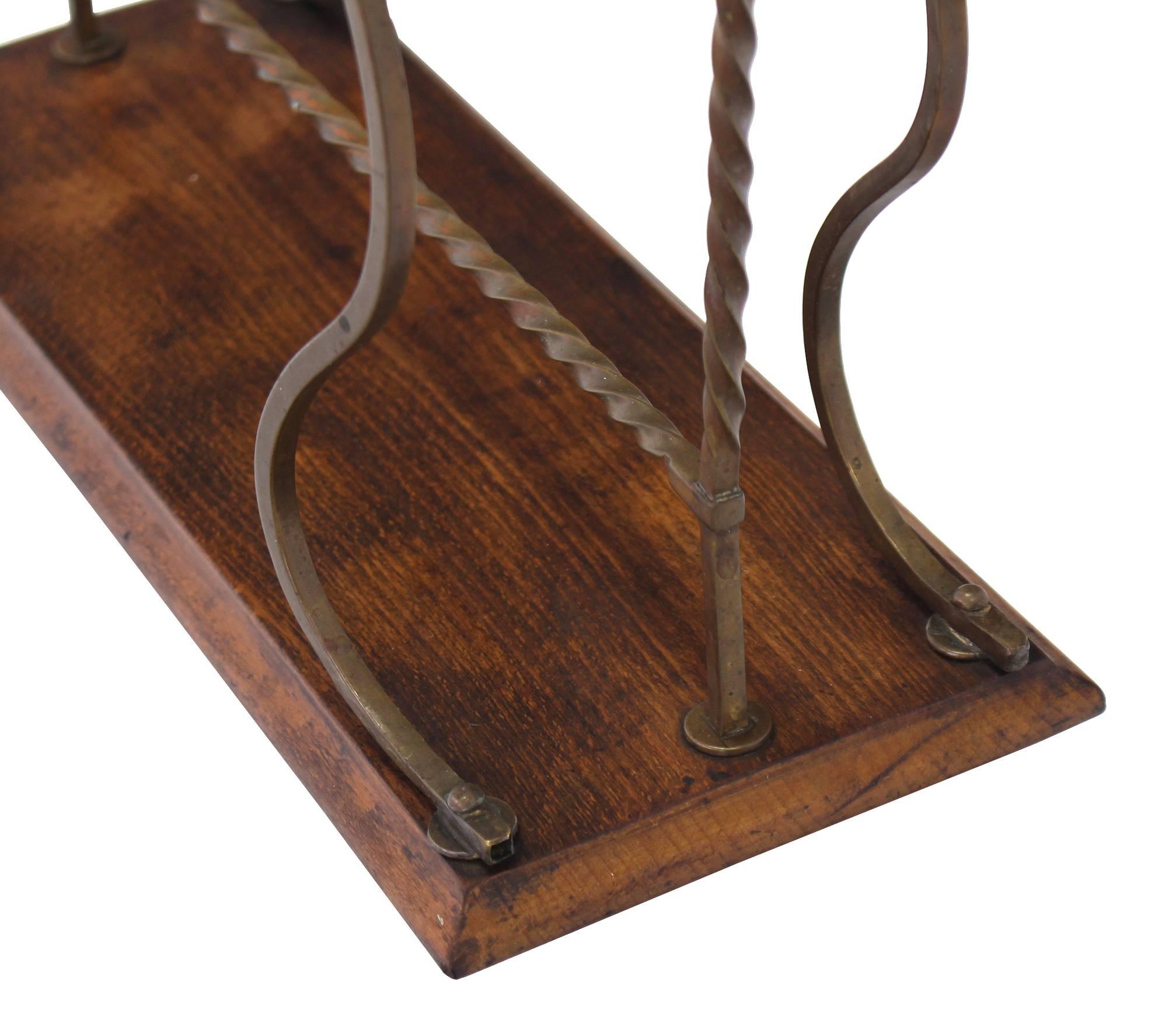 American Arts and Crafts Twisted Brass and Wood Magazine Rack For Sale