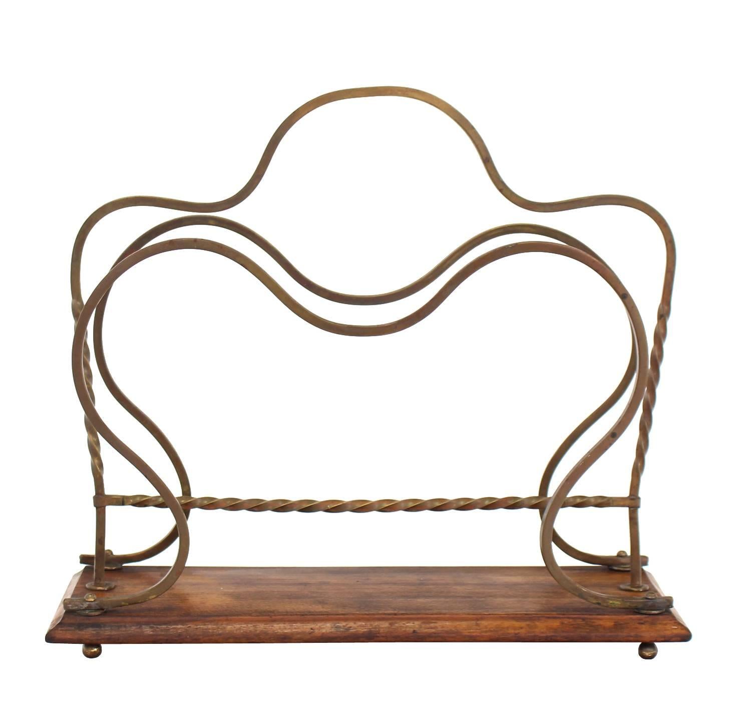 20th Century Arts and Crafts Twisted Brass and Wood Magazine Rack For Sale