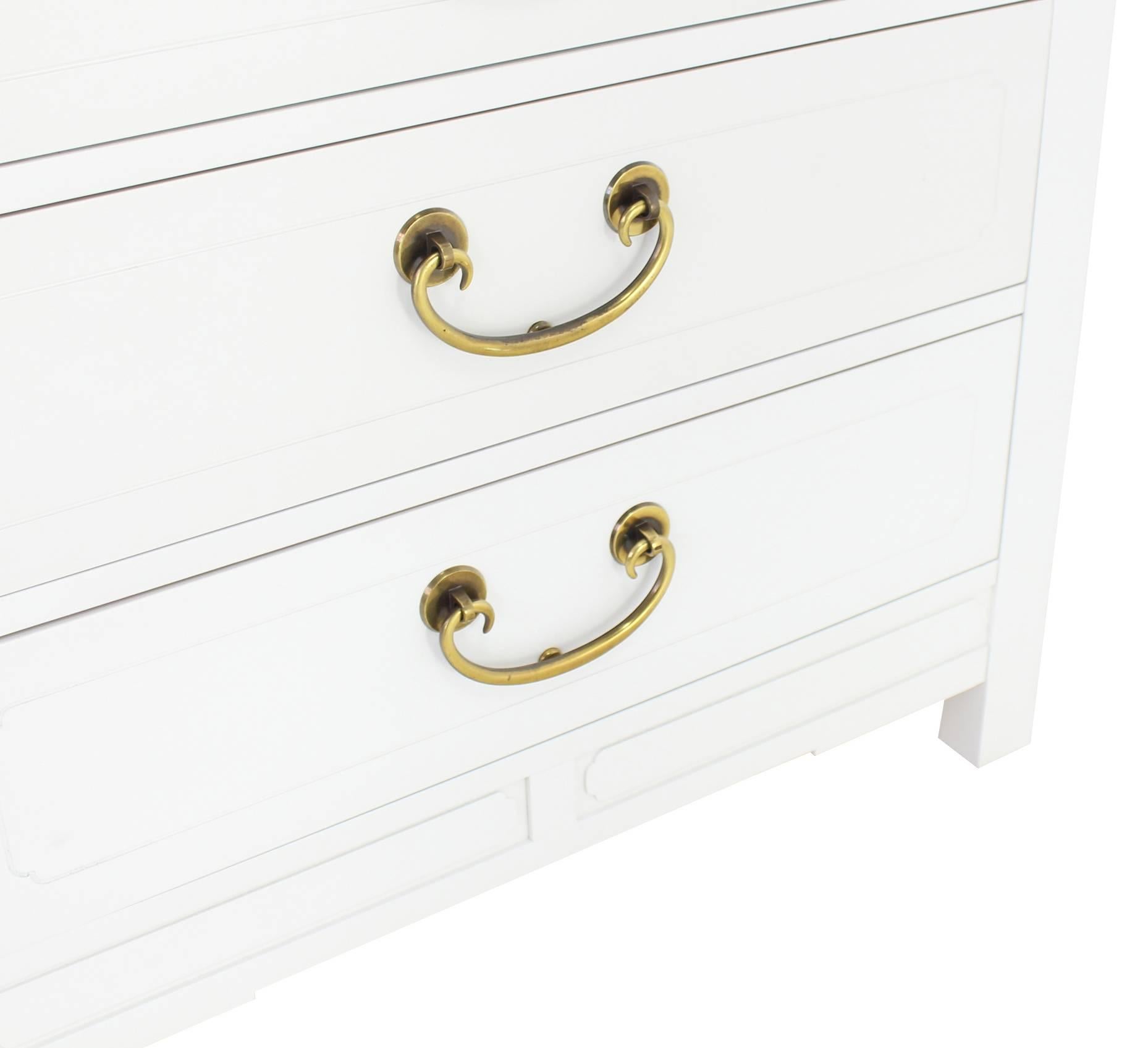 Lacquered Pair of White Lacquer Brass Pulls Bachelor Chests or Dressers For Sale