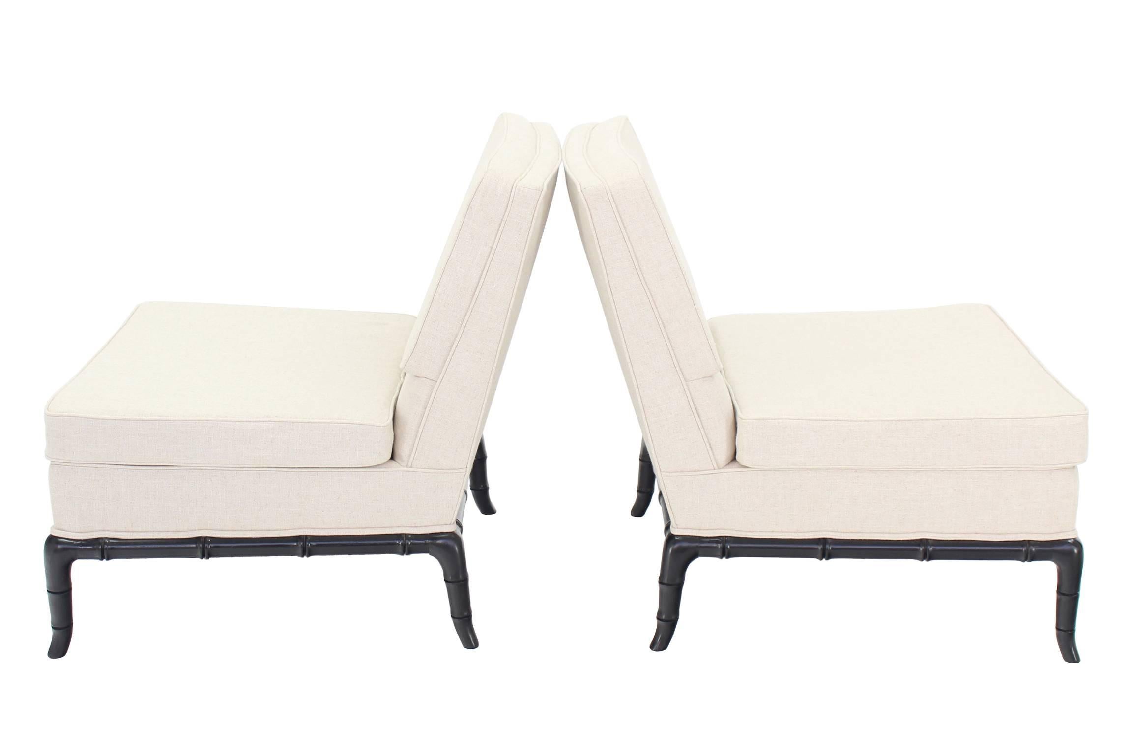 Pair of very nice newly upholstered in thick flax fabric faux bamboo bases slipper chairs.