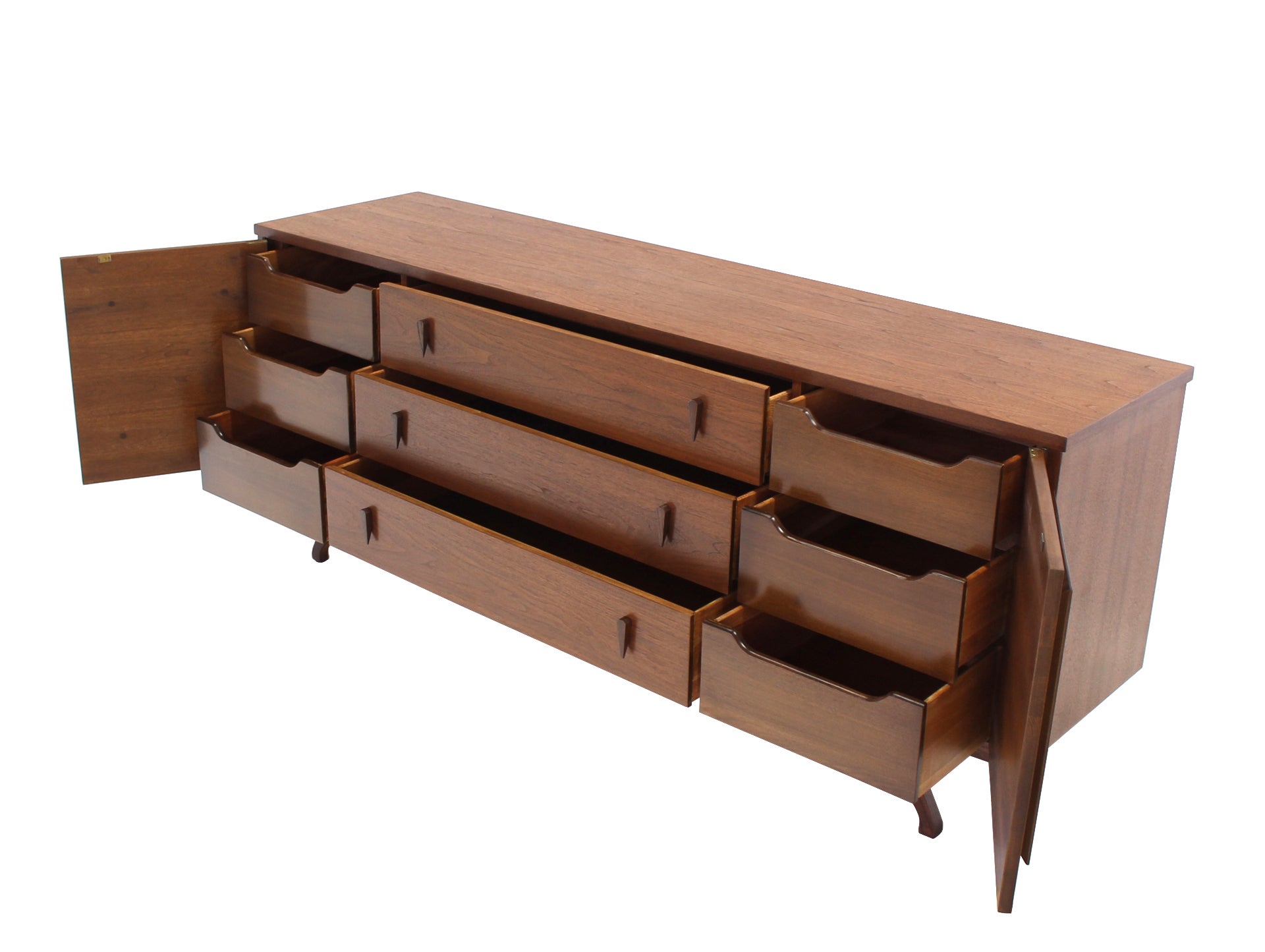 Sculptural Leg Mid Century Modern Walnut Dresser Credenza For Sale Sculptural Leg Mid Century Modern Walnut Dresser Credenza For Sale