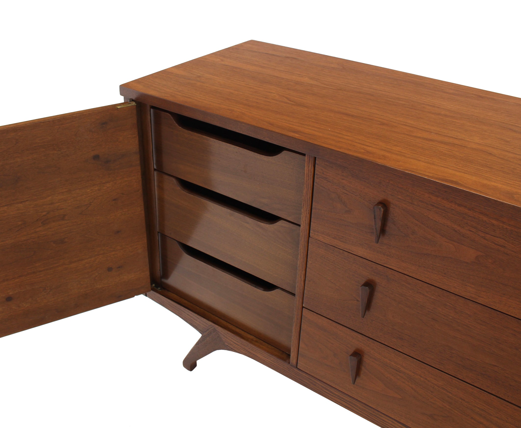 Sculptural Leg Mid Century Modern Walnut Dresser Credenza For Sale Sculptural Leg Mid Century Modern Walnut Dresser Credenza For Sale