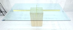 Single Travertine Pedestal Base Beveled Glass Top Italian Dining Table MINT!