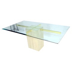 Single Travertine Pedestal Base Beveled Glass Top Italian Dining Table MINT!