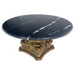 Round 38" Diameter Black Marble Top Coffee Table w/ Heavily Carved Base MINT!