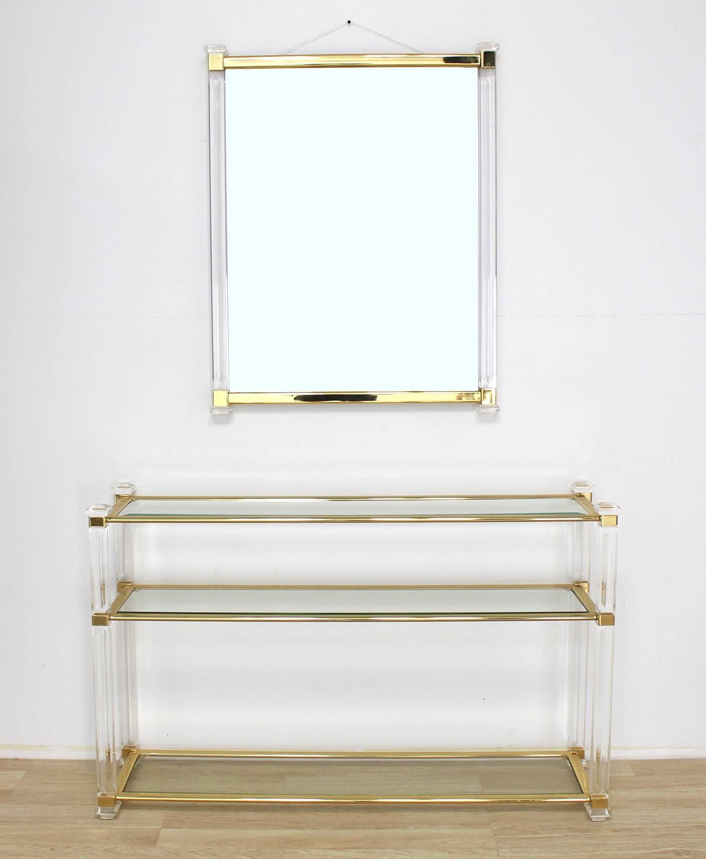 20th Century Lucite and Brass Console Table and Matching Mirror