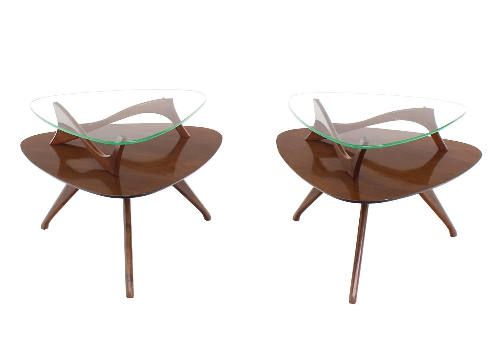 Pair of Round Triangular Tri Legged Two Tier Side End Tables For Sale 4