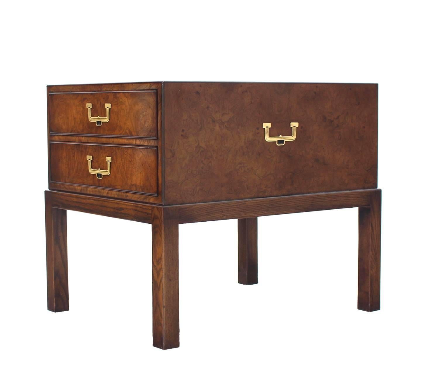 Mid-Century Modern Campaign Style Burl Wood End Side Table