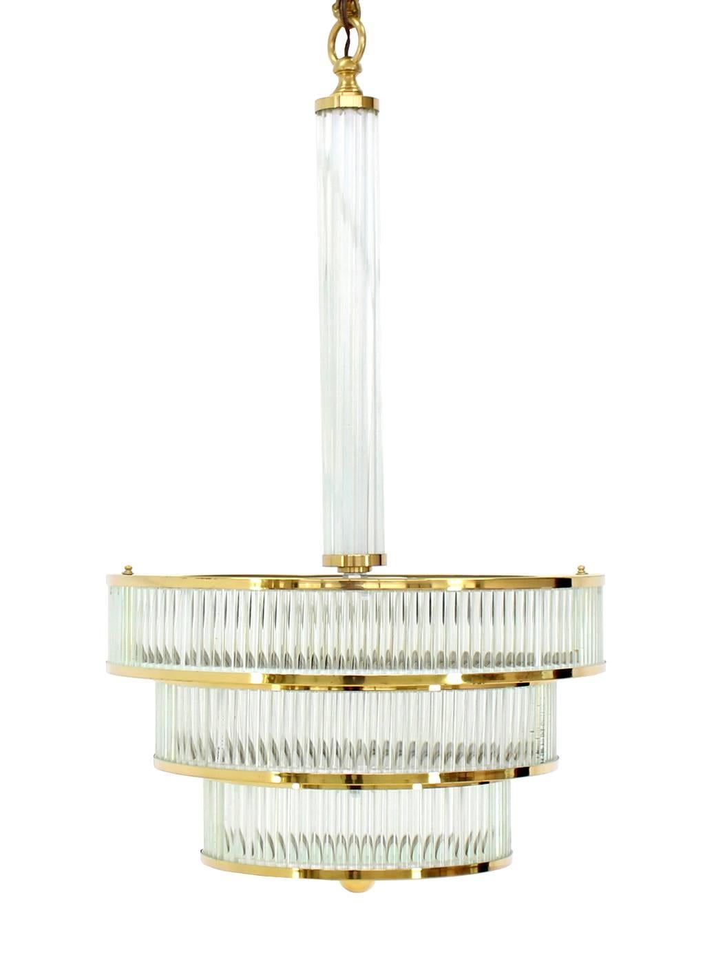 20th Century Mid-Century Modern Glass and Brass Three-Tier Light Fixture For Sale