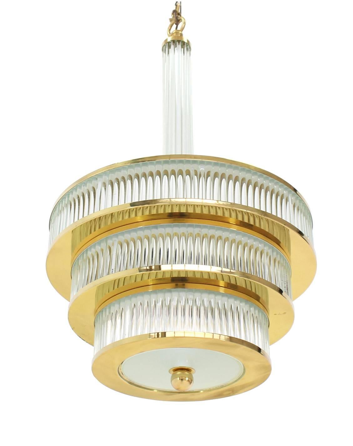 Mid-Century Modern Glass and Brass Three-Tier Light Fixture For Sale 1