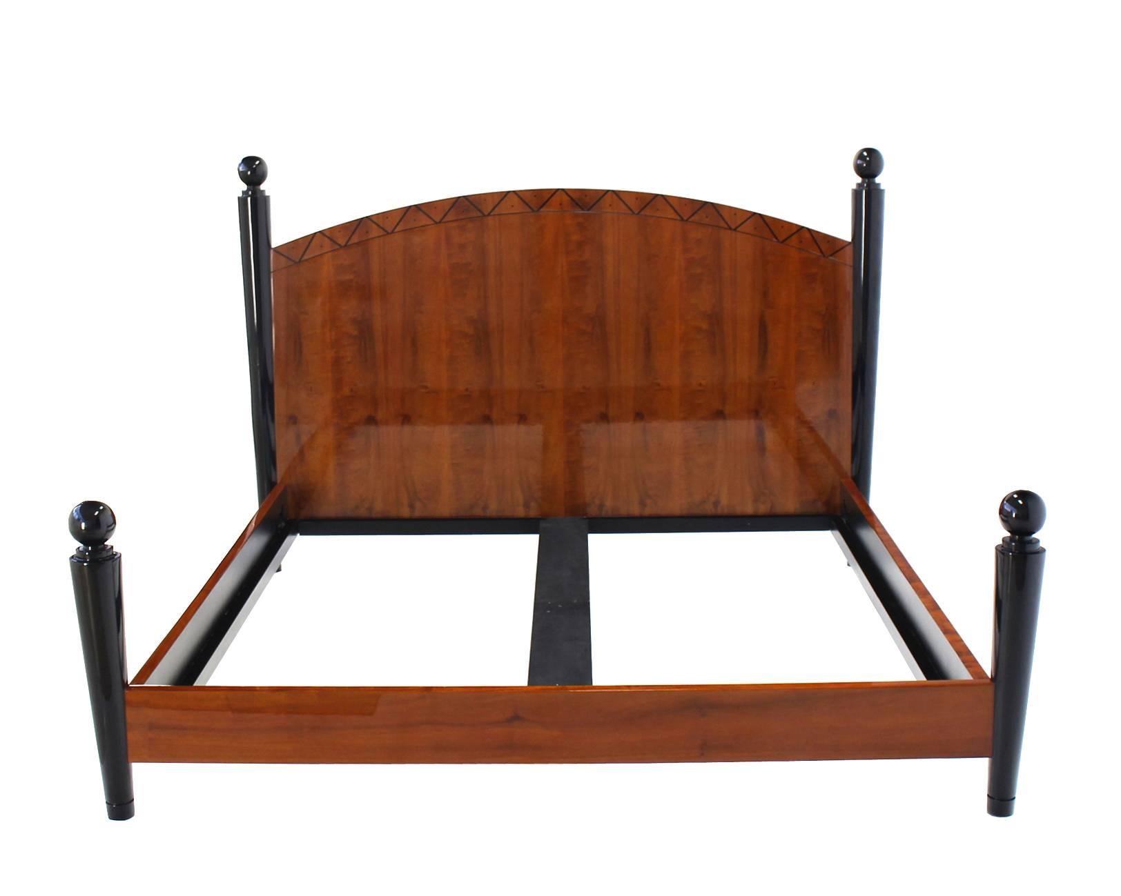 Black lacquer exotic wood Mid-Century Modern style king size bed. Solid cone shape legs with ball fenials.