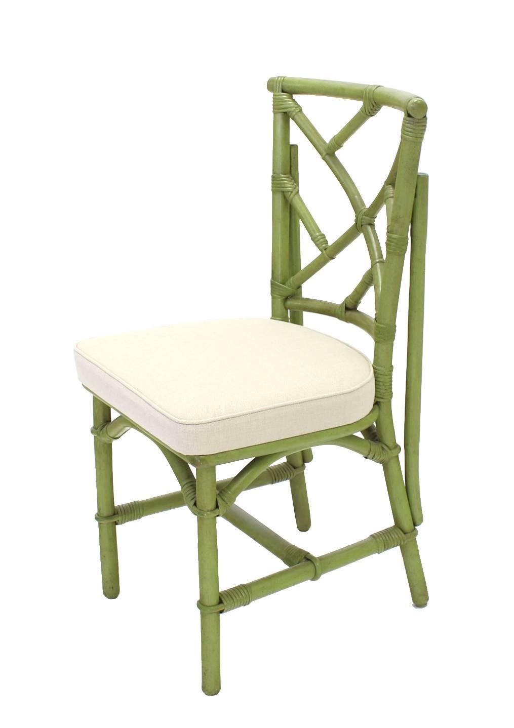 20th Century Square Game Table and Four Chairs Green Faux Bamboo Rattan