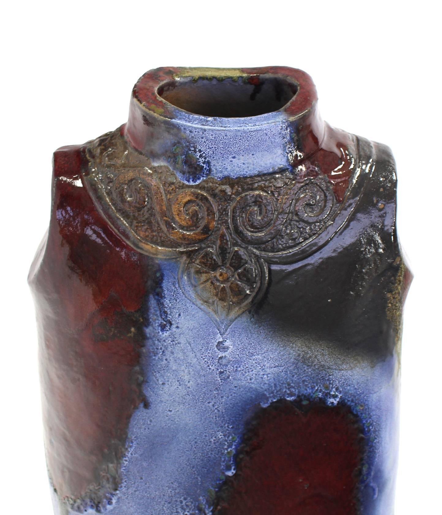 20ième siècle Grand vase d'art de torse de tigre en céramique émaillée et cuite à haute température en vente