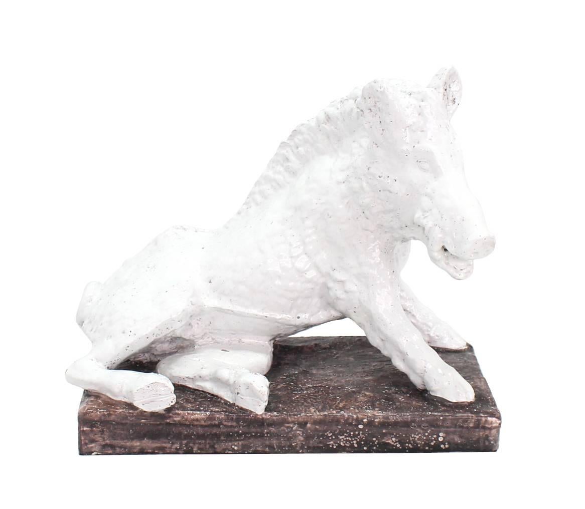 Mid-Century Modern Large Fired Glazed Pottery Ceramic Sculpture of a Wild Boar  For Sale