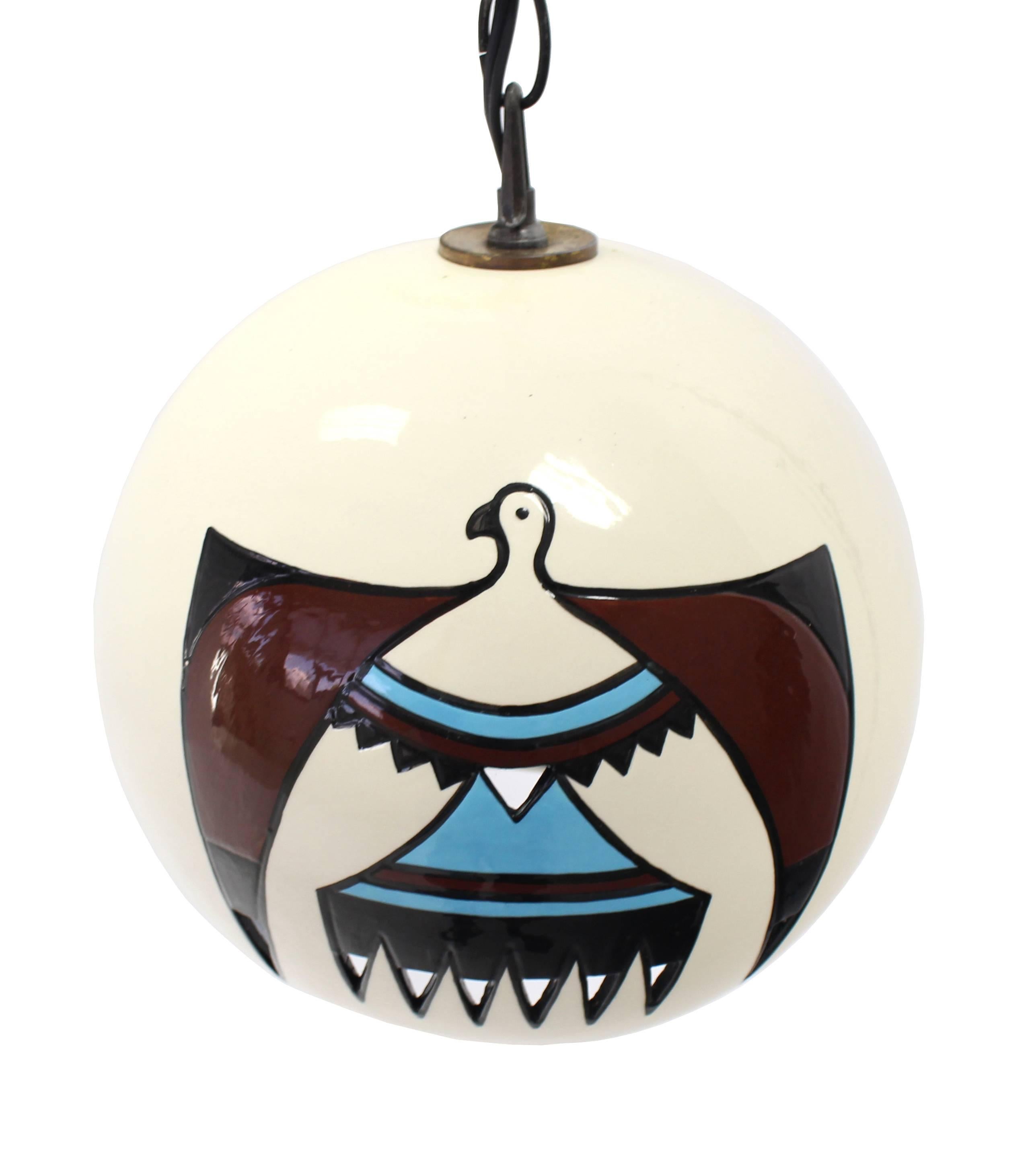 Mid-Century Modern Ceramic Art Decorated Pendant Shade Light Fixture For Sale