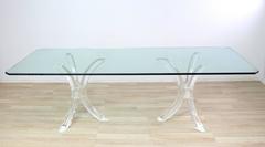Large Glass Top Conference or Dining Room Table on Thick Lucite Tusks Bases