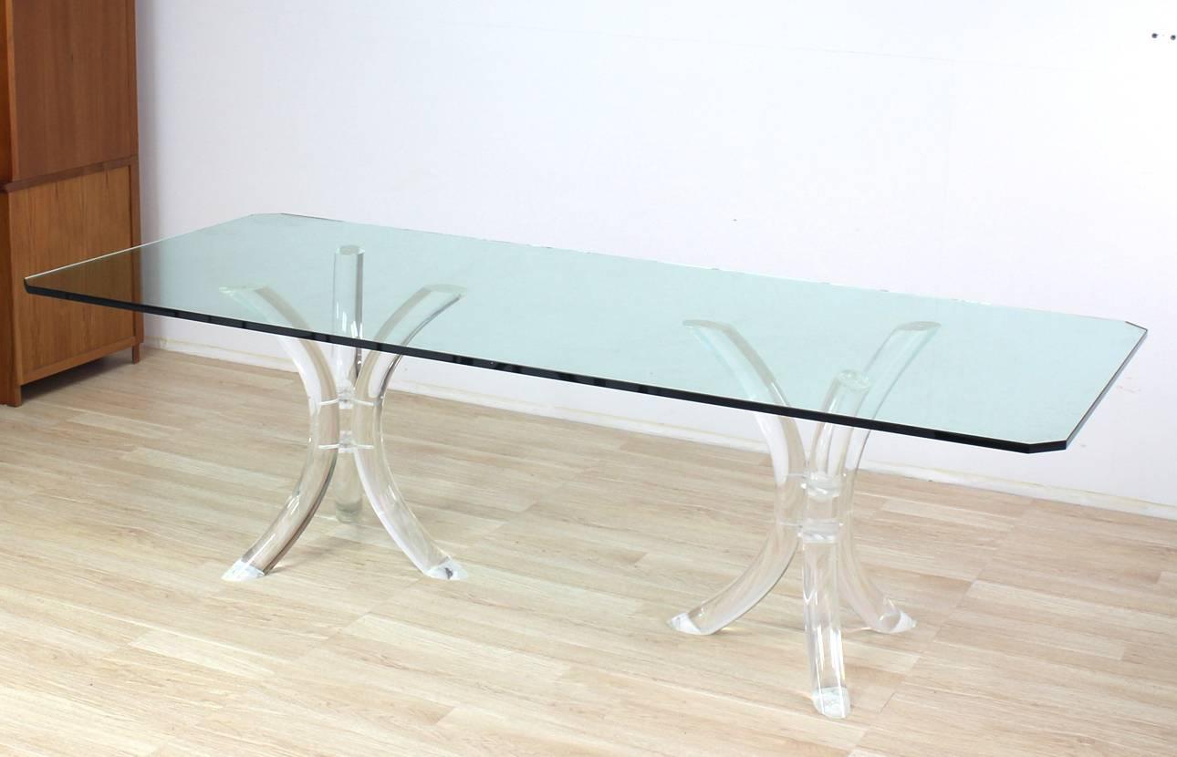 Mid-Century Modern Large Glass Top Conference or Dining Room Table on Thick Lucite Tusks Bases