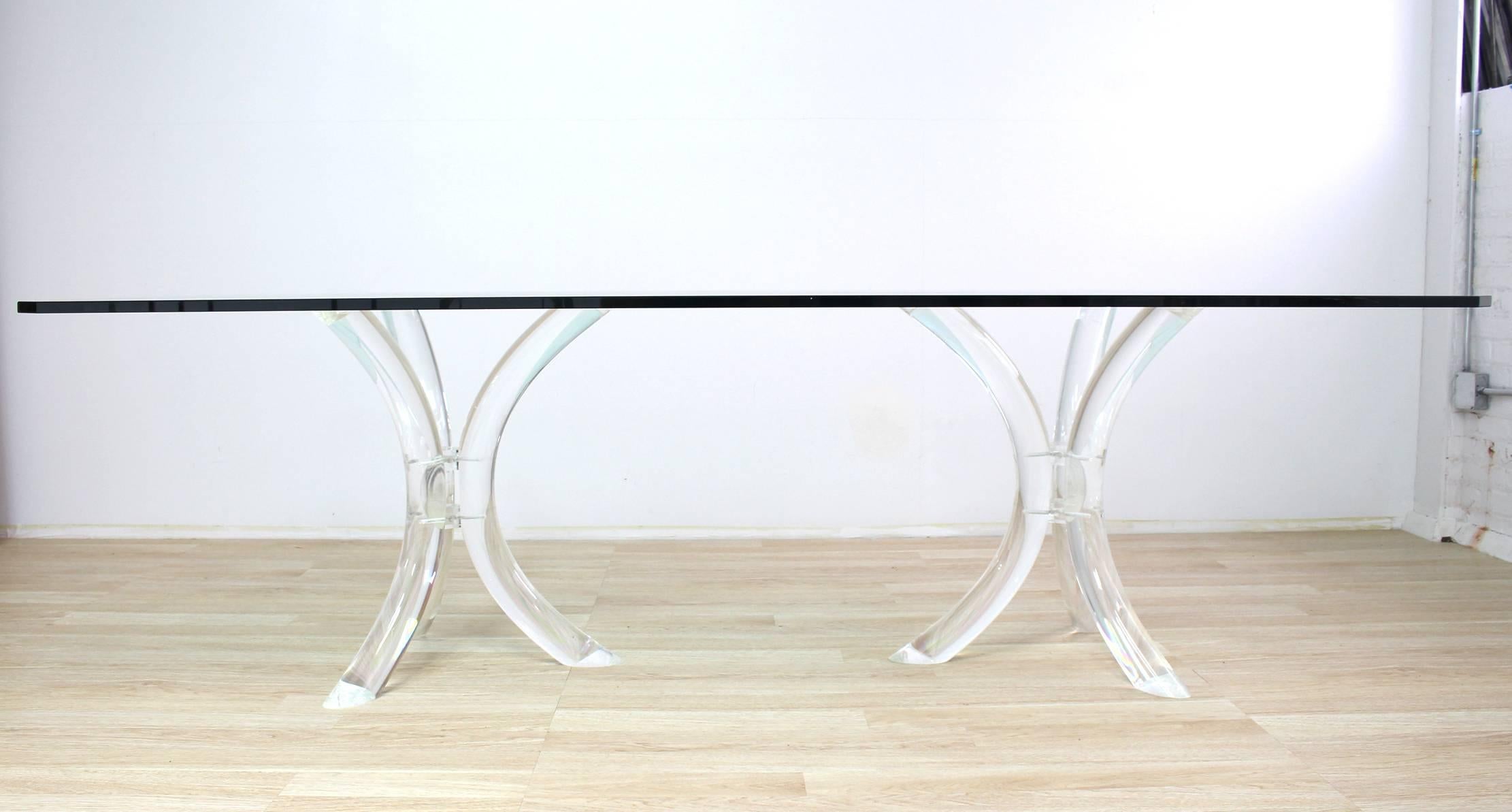 20th Century Large Glass Top Conference or Dining Room Table on Thick Lucite Tusks Bases