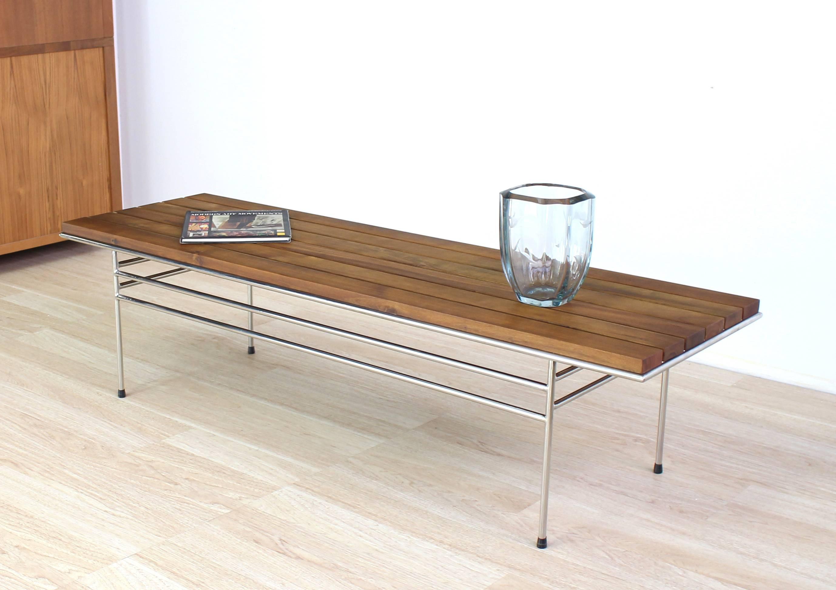 American Solid Oiled Slat Wood Top Chrome Bench For Sale
