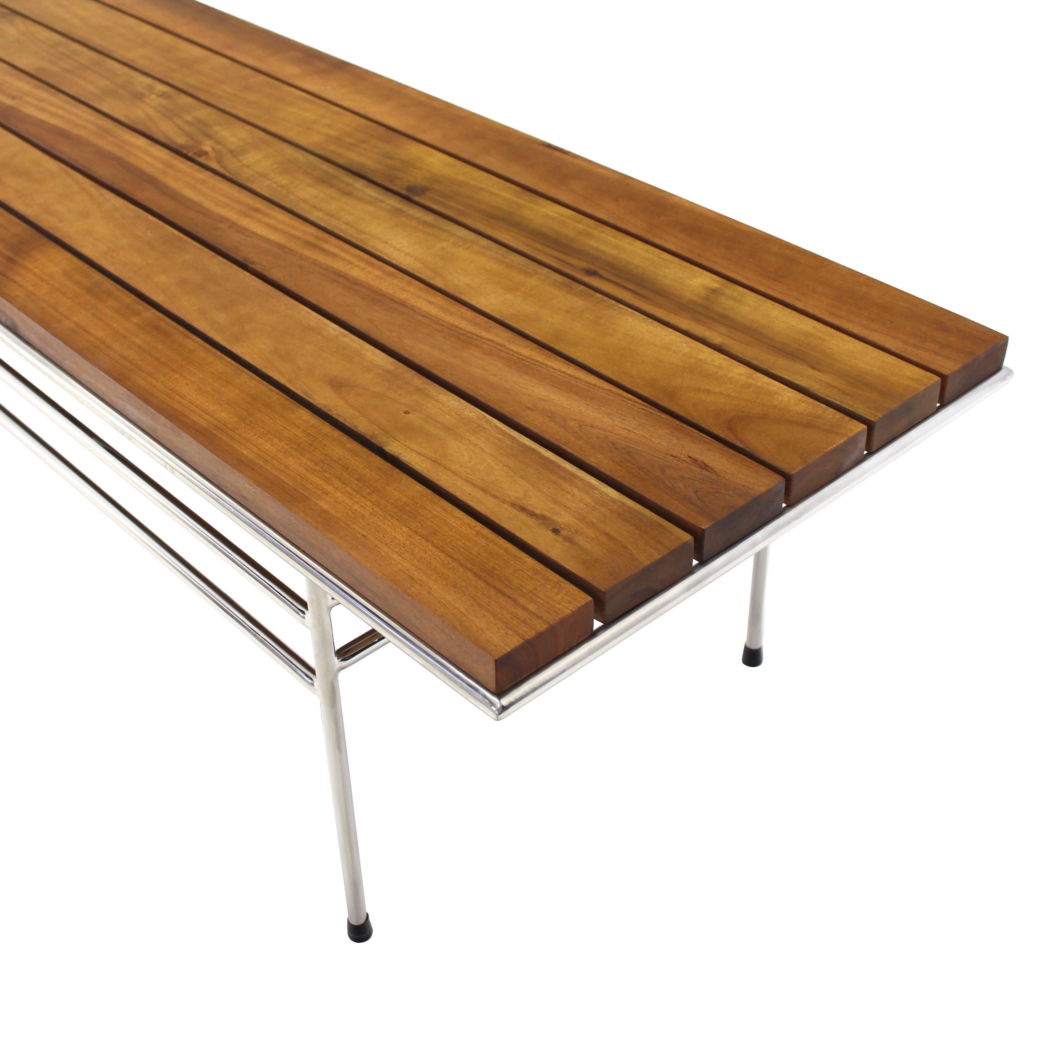 Walnut Solid Oiled Slat Wood Top Chrome Bench For Sale