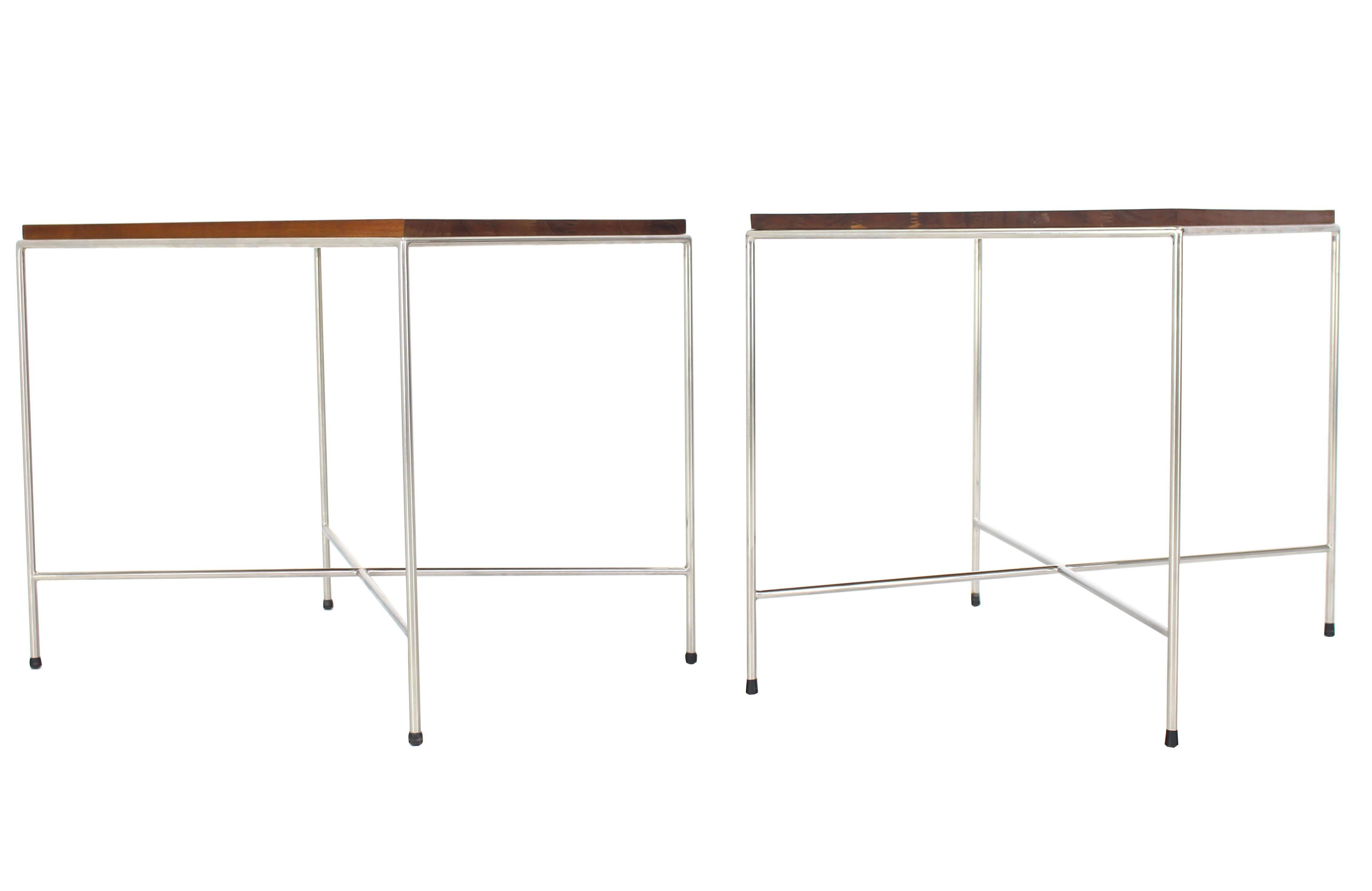 Welded Pair of X-Base Chrome Side or End Tables with Solid Oiled Tops For Sale