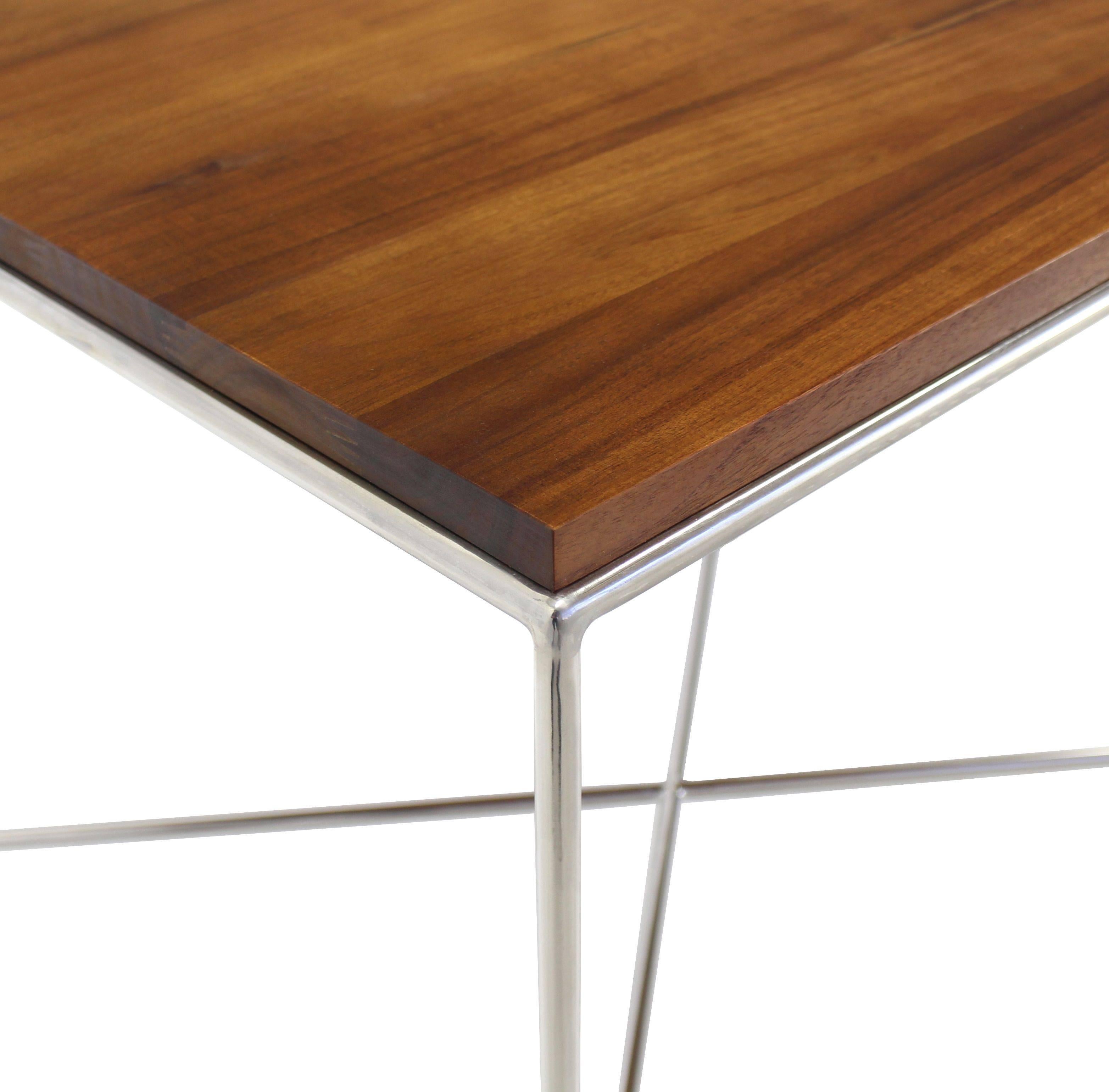 Stainless Steel Pair of X-Base Chrome Side or End Tables with Solid Oiled Tops For Sale