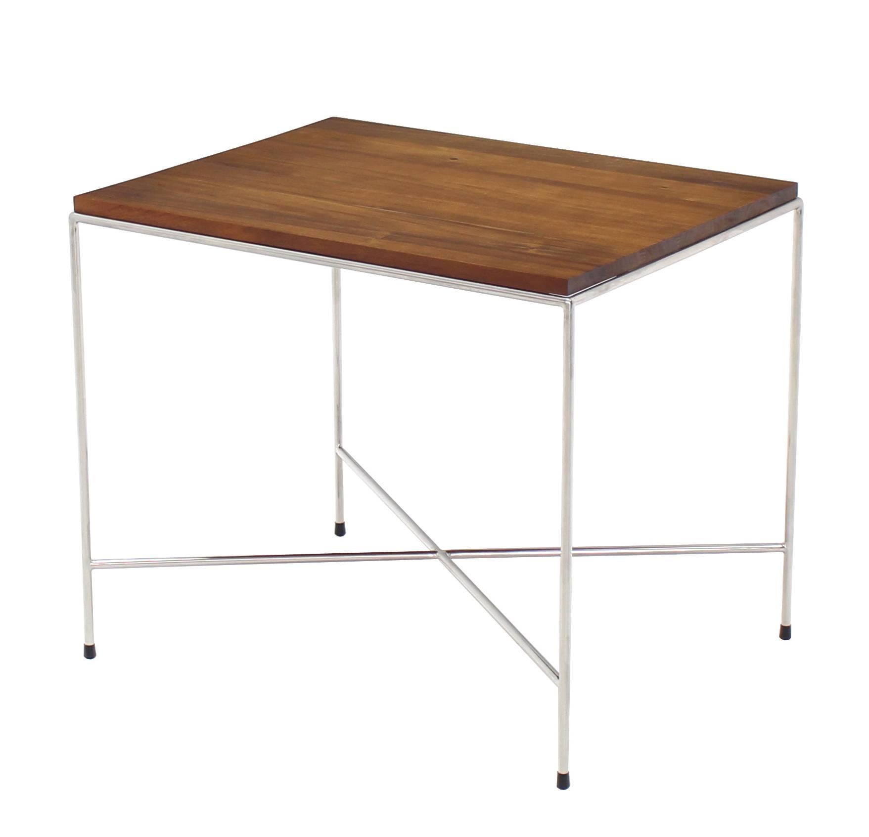 Pair of X-Base Chrome Side or End Tables with Solid Oiled Tops For Sale 3