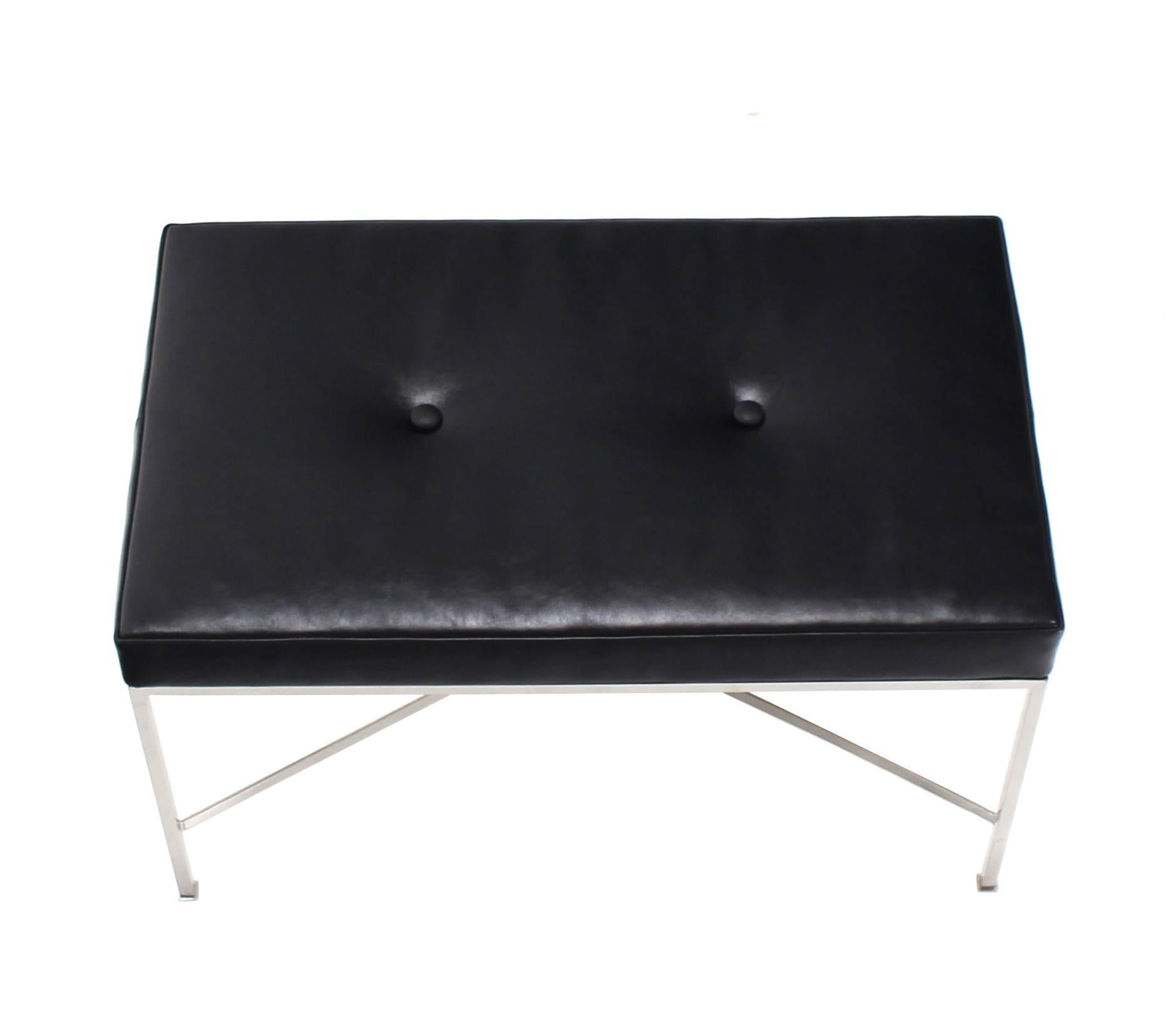 North American Black Leather Upholstered Rectangular X-Base Bench For Sale