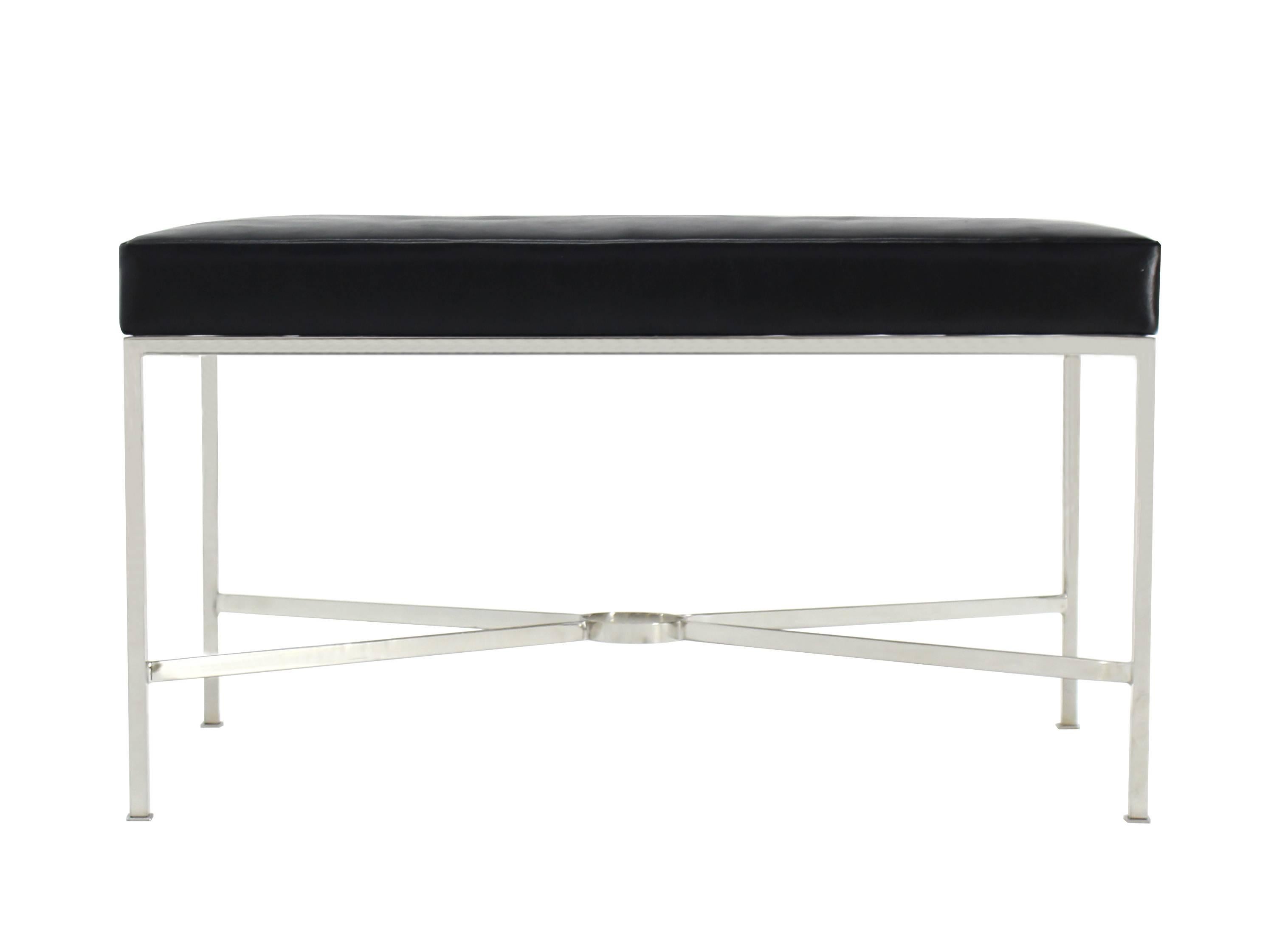Contemporary Black Leather Upholstered Rectangular X-Base Bench For Sale