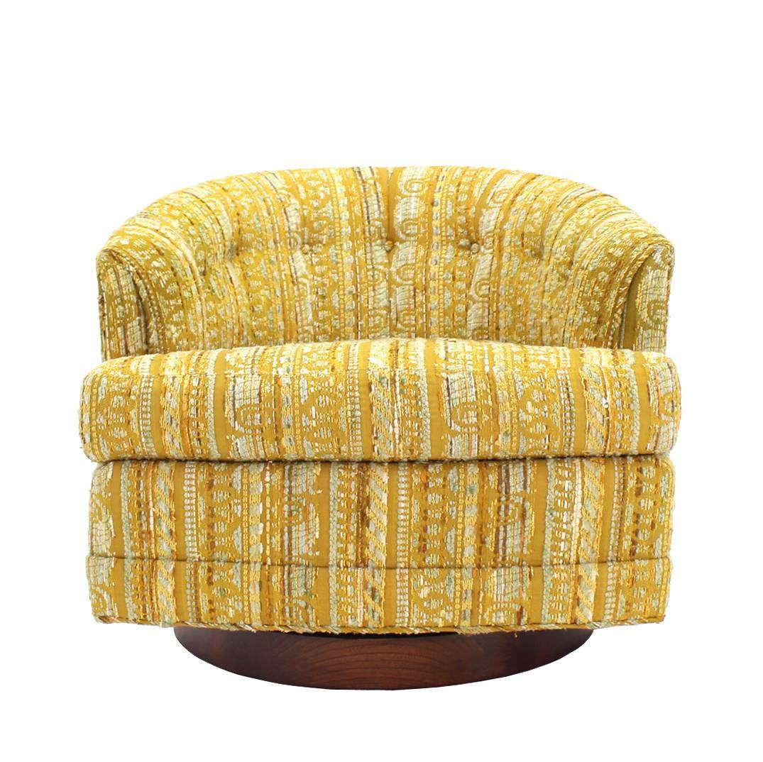 Barrel Back Walnut Base Swivel Lounge Chair For Sale 1
