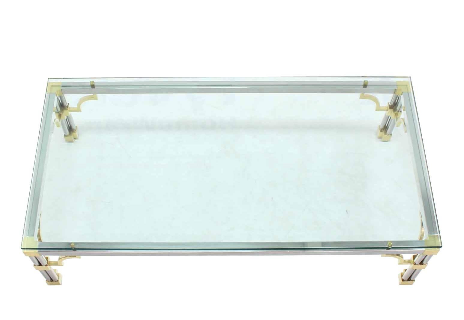 Mid-Century Modern Heavy Thick Glass Brass and Chrome Coffee Table