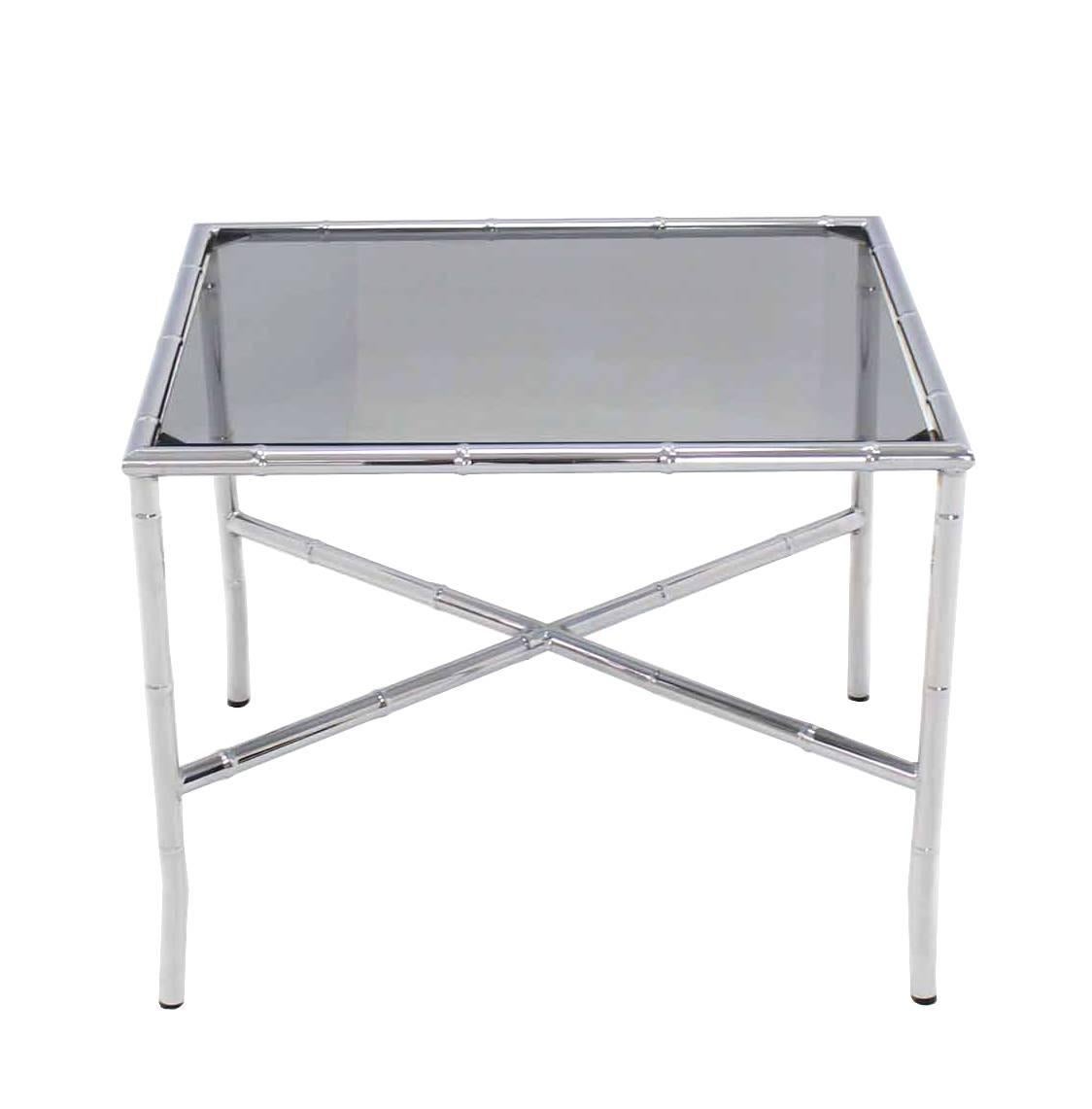 Chrome Faux Bamboo Smoked Glass Top Side or Coffee Table For Sale 3