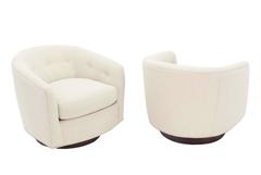 Pair of Barrel Backs Swivel Chairs on Walnut Bases New Upholstery