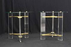 Pair of Round Glass Brass and Lucite End Tables