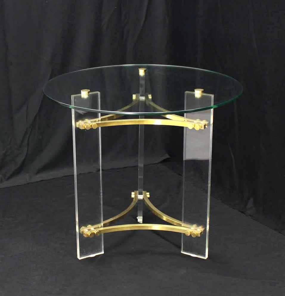 American Pair of Round Glass Brass and Lucite End Tables
