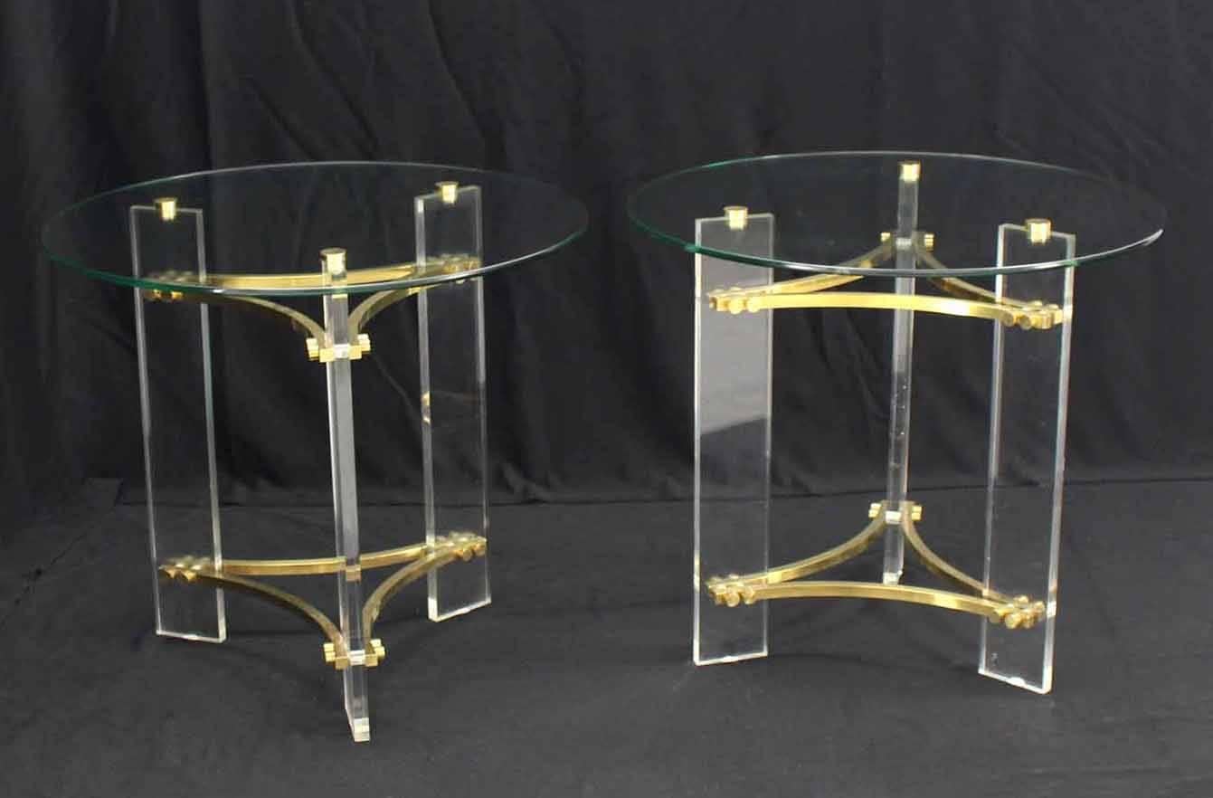 Pair of Round Glass Brass and Lucite End Tables 1