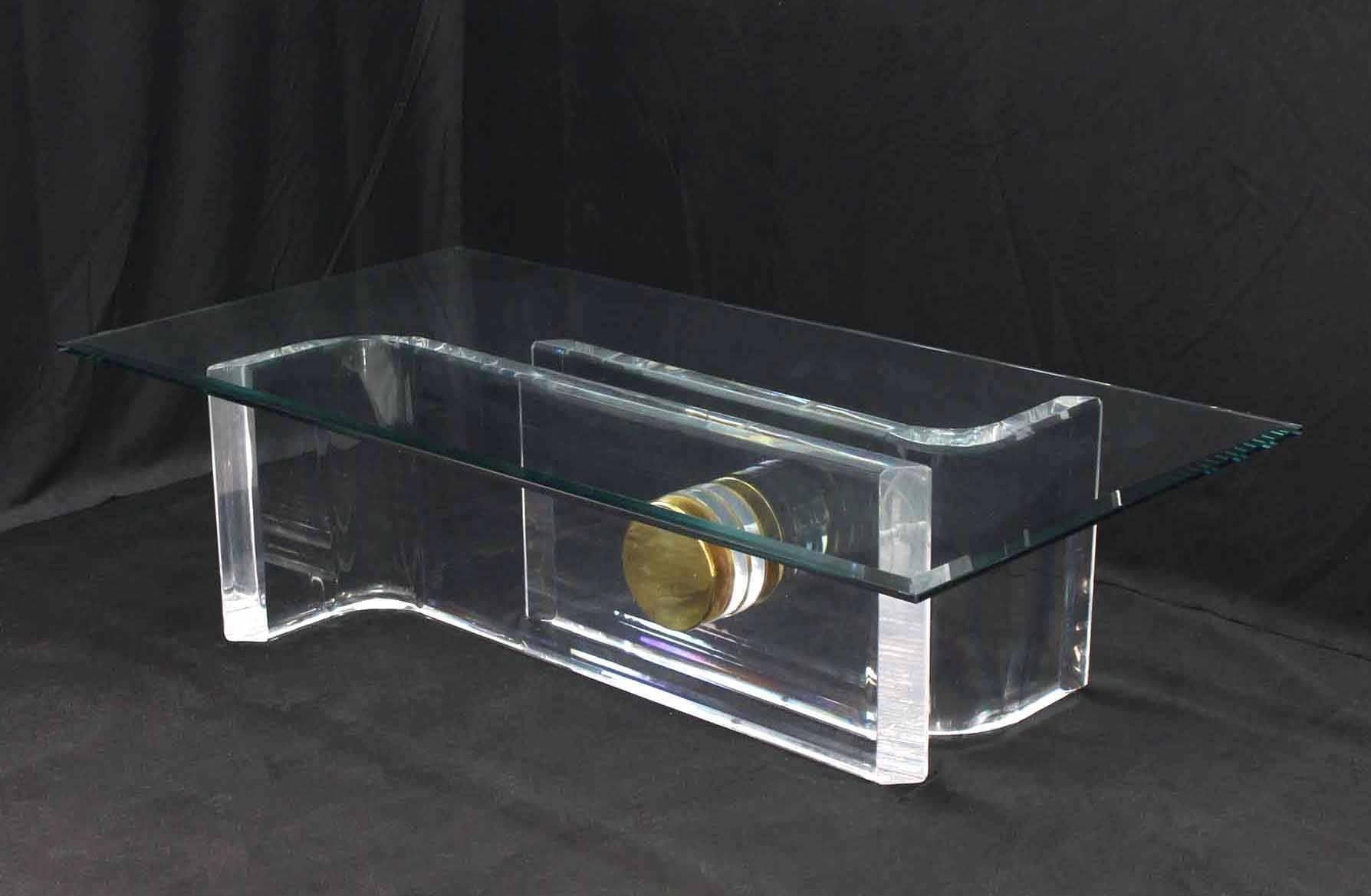American Large Rectangular Glass Top Thick Lucite and Brass Base Coffee Table