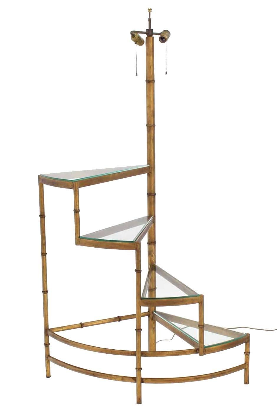 Mid-Century Modern Step Shelves Faux Bamboo Gilt Base Floor Lamp For Sale