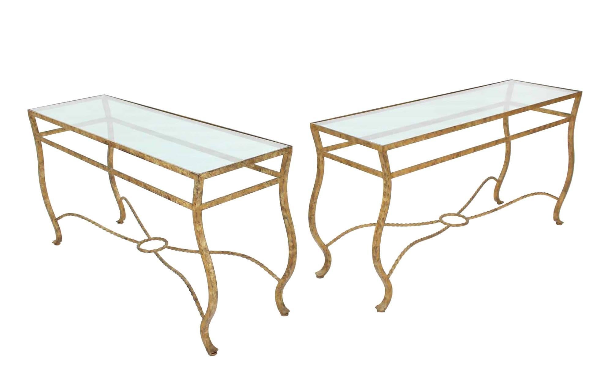Mid-Century Modern Pair of Ornate Gold Finish Console Tables For Sale