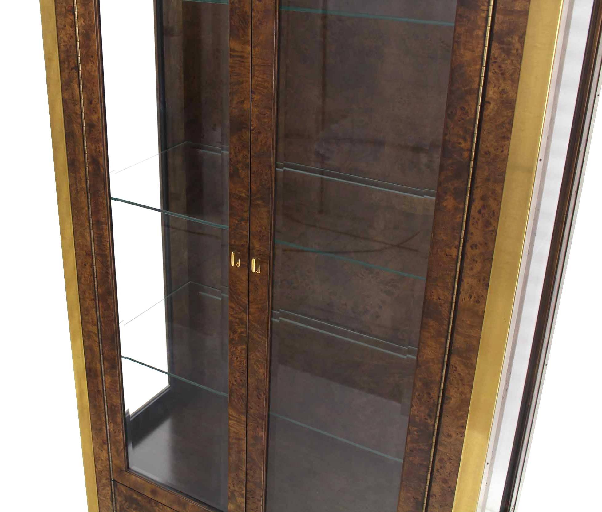 Mid-Century Modern Pair of Brass and Burl Wood Vitrine Display Cabinets