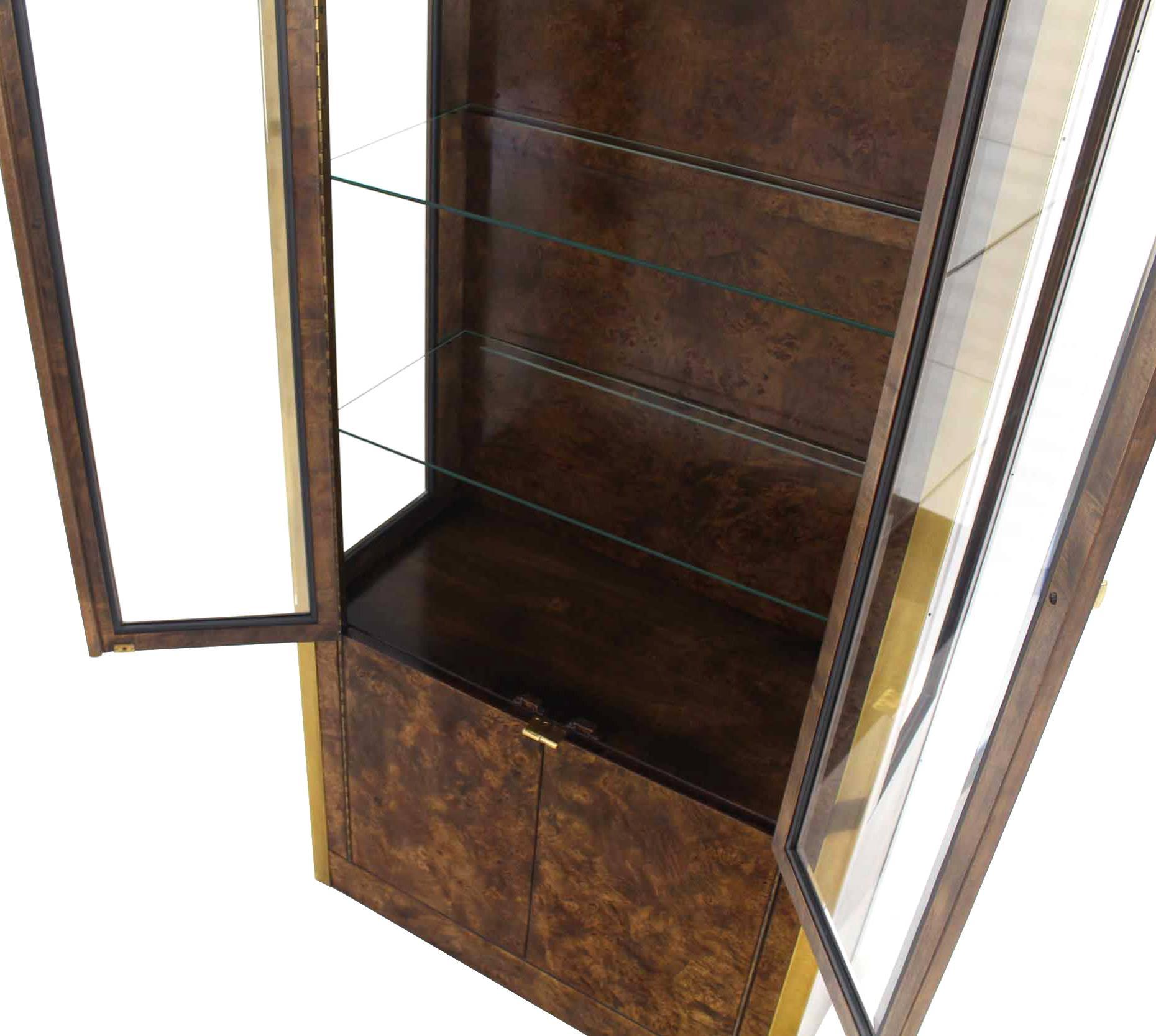 American Pair of Brass and Burl Wood Vitrine Display Cabinets