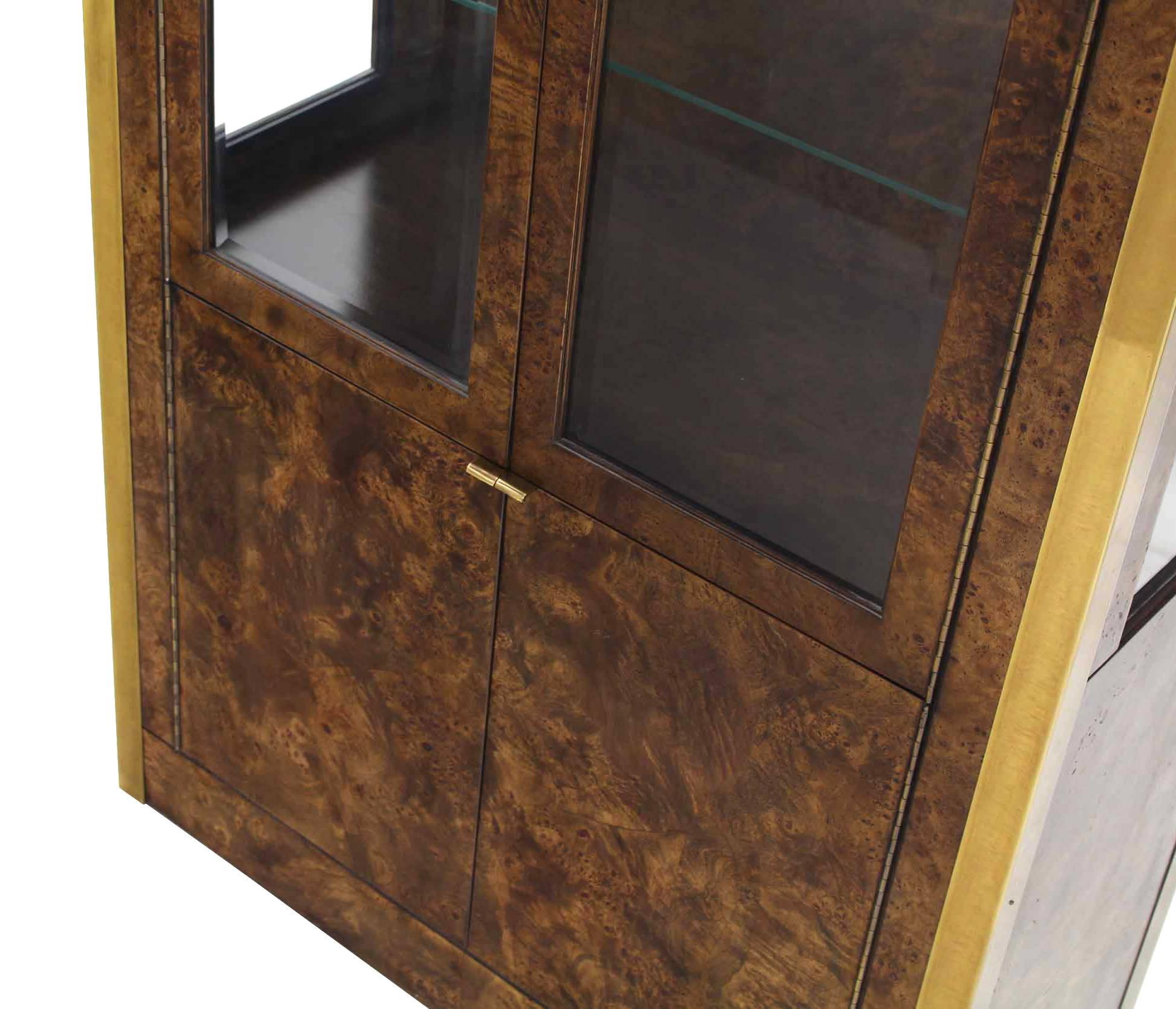 Pair of Brass and Burl Wood Vitrine Display Cabinets In Excellent Condition In Rockaway, NJ