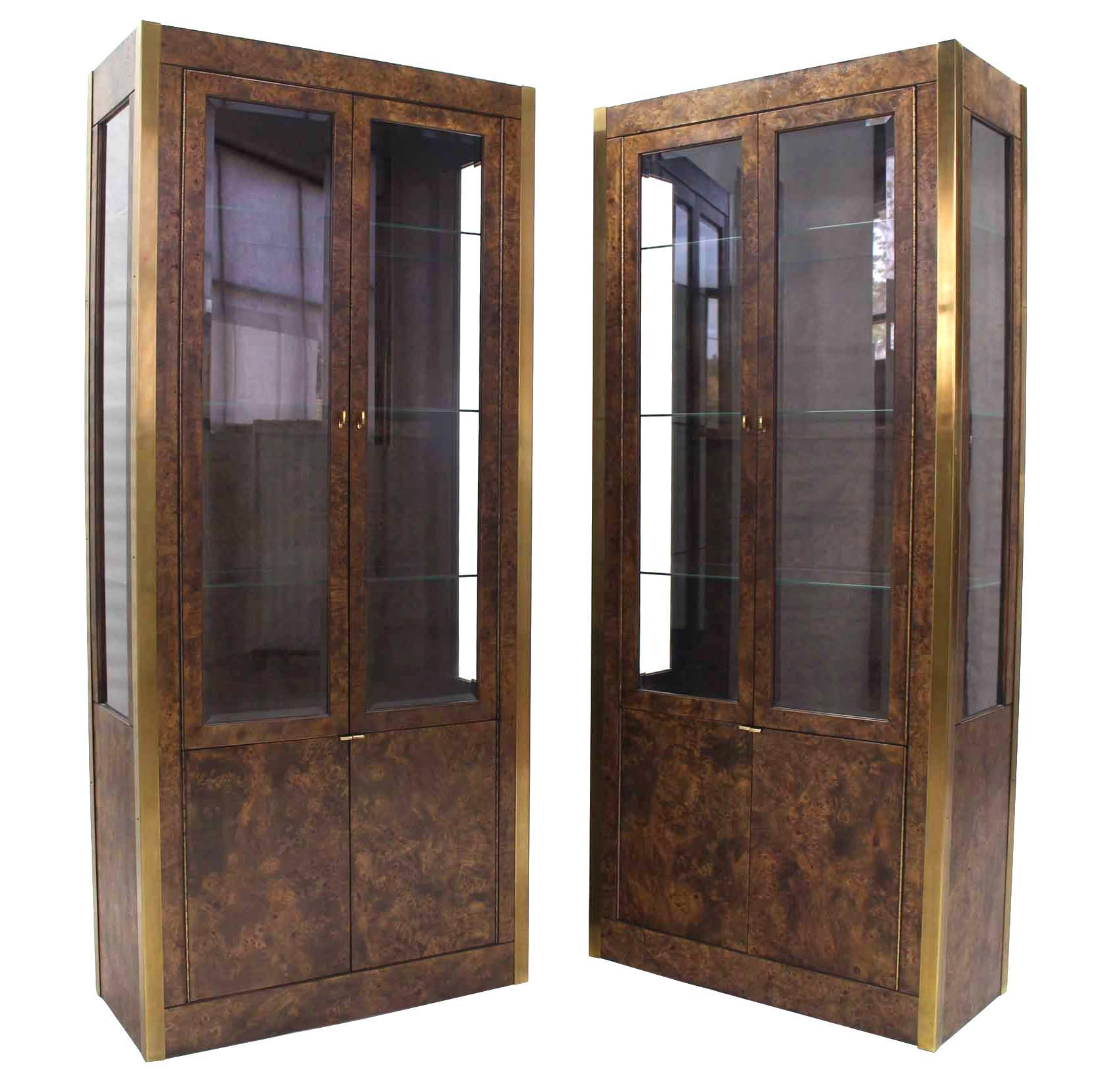 20th Century Pair of Brass and Burl Wood Vitrine Display Cabinets