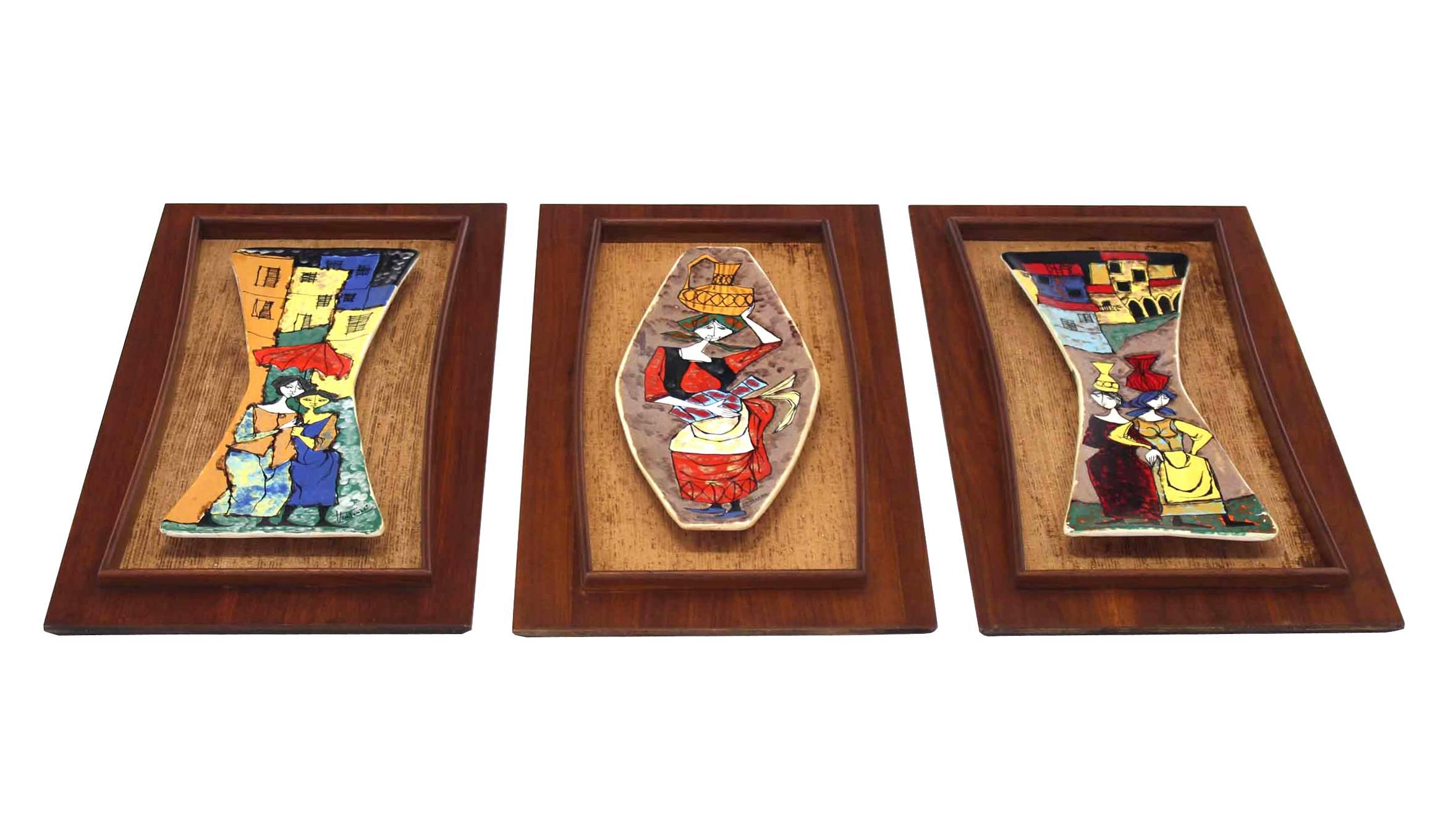 Mid-Century Modern Set of Three Framed Art Tiles For Sale