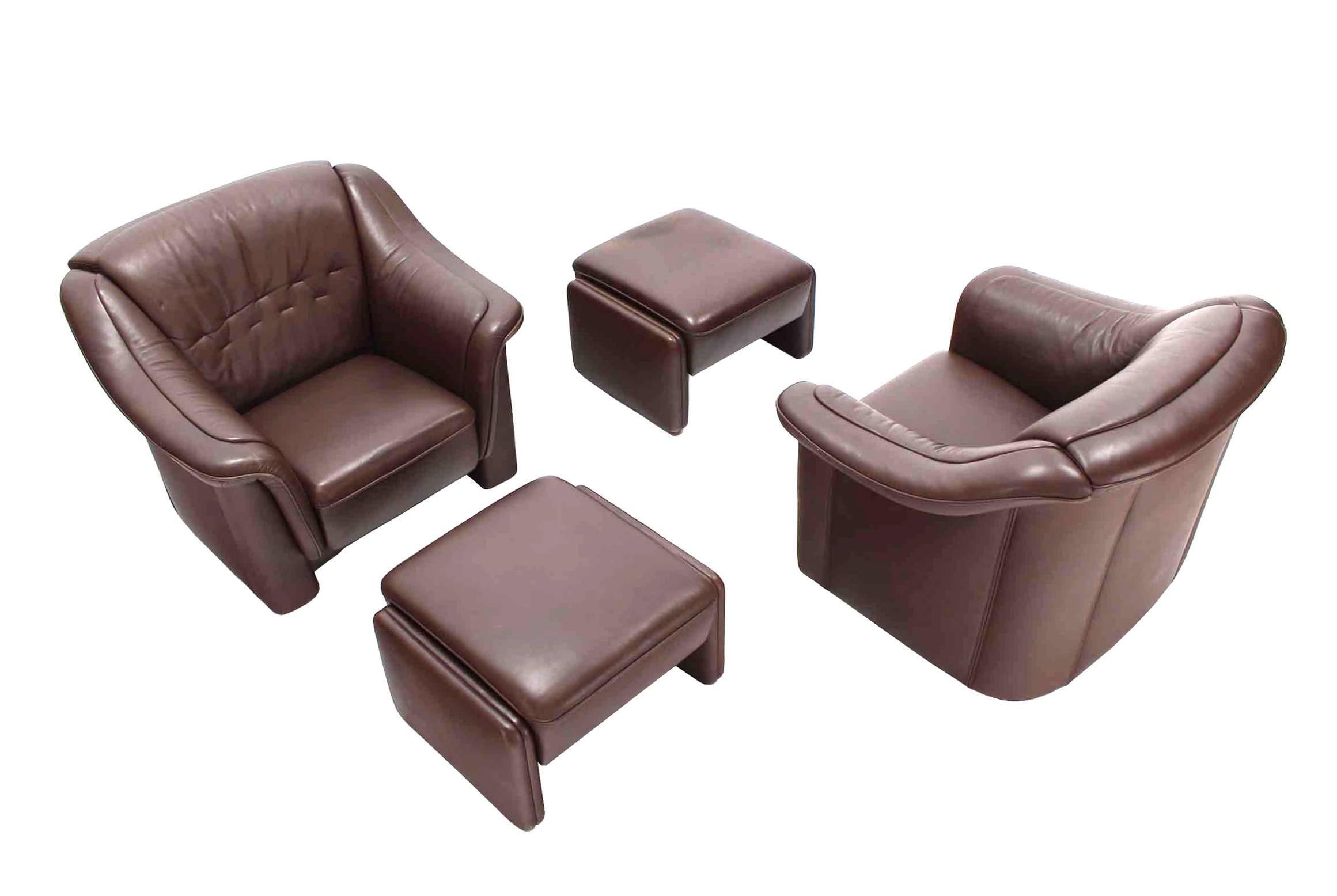 Pair of Brown Leather Lounge Chairs with Ottomans 1
