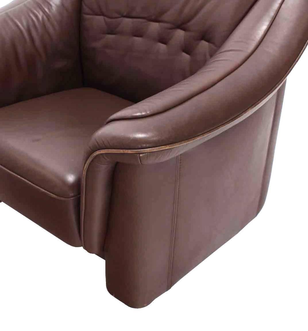 American Pair of Brown Leather Lounge Chairs with Ottomans